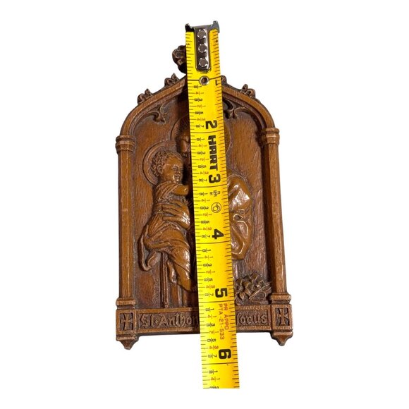 Vintage St. Anthony Pray For Us Religious Wall Plaque Brown Wooden Barwood Mini - Picture 5 of 5
